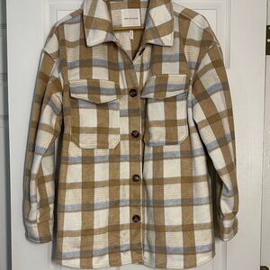 Avec Les Filles Tan and Blue Plaid Shacket